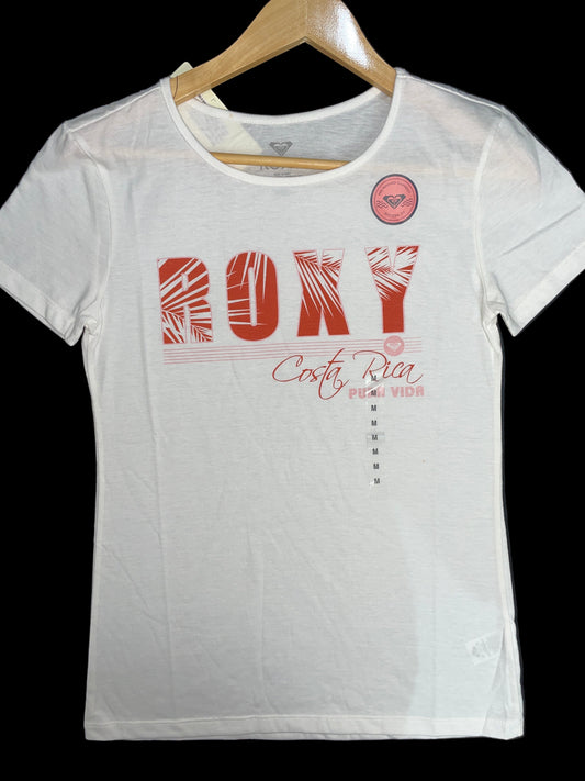 Blusa Roxy Original – Color Blanco con “Roxy” en Rojo y Diseños Pura Vida (Talla M)