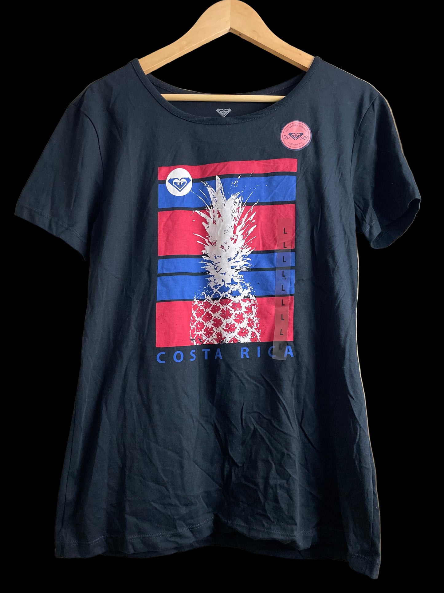 Blusa Roxy Original – Negra con Diseño de “Costa Rica” y Piña (Talla L)